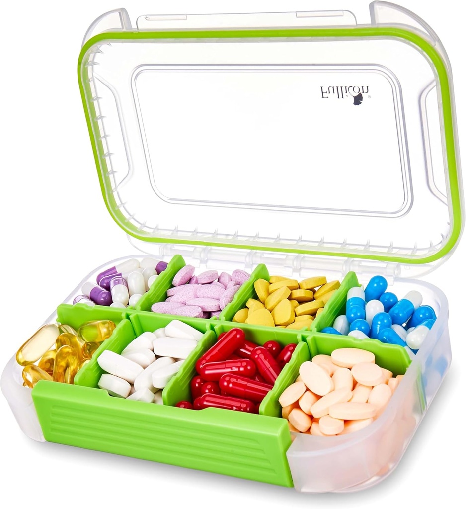 Fullicon Large Pill Organizer dengan 8 kompartemen, Kotak Pill Bukti Moivious, Kotak Pill Tersisa, Kontainer Pil Harian dengan Lables, Pill Case for Vitamin, Fish Oil, Clear Green