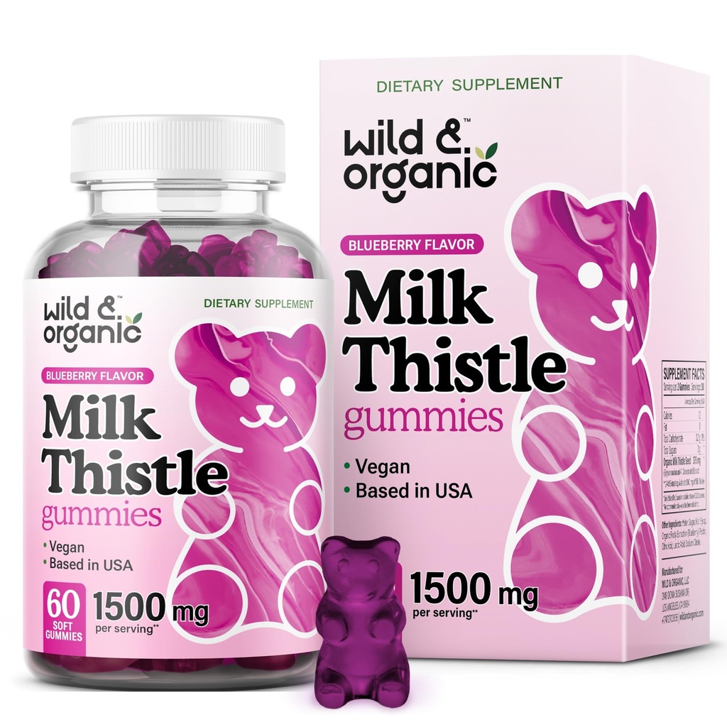 Wild & Organic Milk Thistle Gummies - Milk Thistle Suplement for Liver Cleanse Detox - Silymarin Liver Detox Gummies - 30 Days Supply - 60 Vegan, Non-GMO Chews