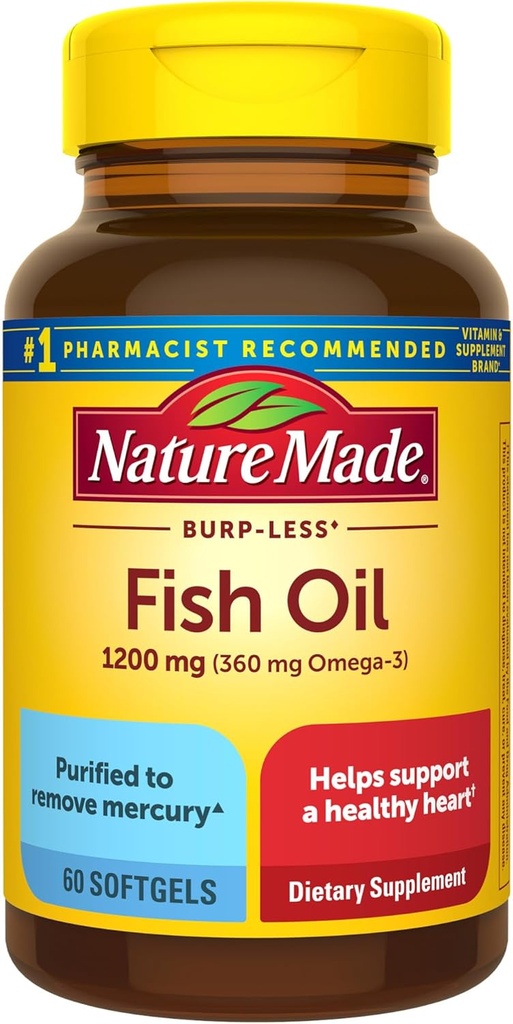 Nature Made Burp Kurang Minyak Ikan Omega 3 Suptgel, 1200 mg Softgels, EPA DHA Omega 3 Bantuan Minyak Ikan Kesehatan, 60 Softgel, 30 Hari Supply