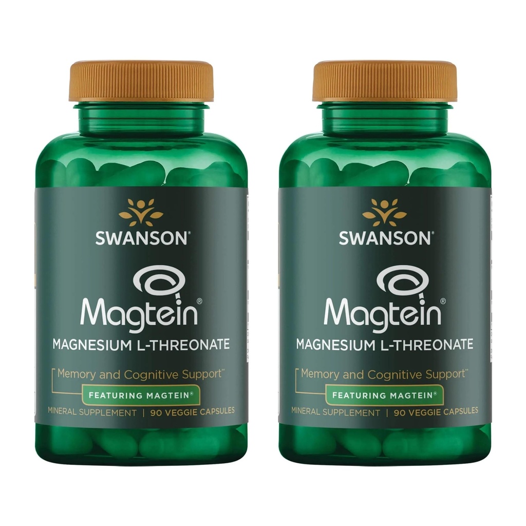 Swanson Magnesium L- Threonate - Mineral Suplemen Promoting Nervous System Health - May Dukung Kesehatan Kognitive, Learning & Memory - (90 Veggie Kapsules) (2 Pack)