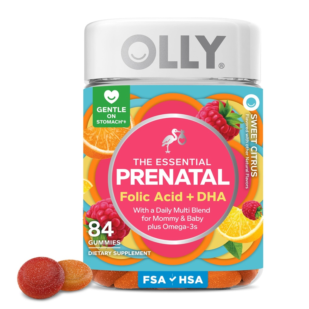 OLLY Esprious Prenatal Gummy Multivitamin, Acid Folic, Vitamin D, Omega 3 DHA, Menyediakan Pembangunan dan Otak Sehat, Citrus Berry - 84 Count