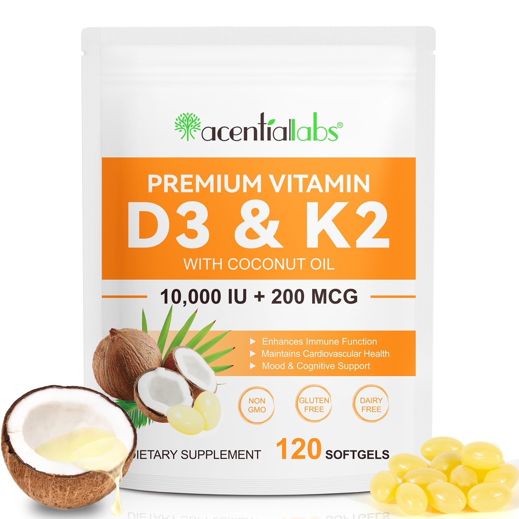 Vitamin D3 K2 Sufflement, 10.000 IU VIT D3 + 200 MCG K2 (MK-7) 14; 2 -1 Replenish Formula dengan Coconut Oil, Pendukung Absorpsi Calcium, Mudah untuk menelan 120 Capsules.