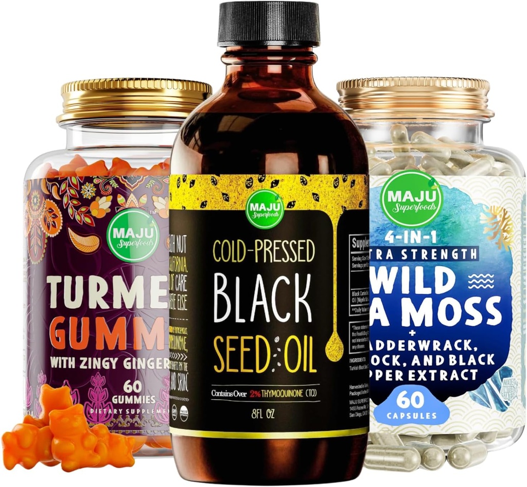 Magu Superfood Minyak Benih Hitam, 4 in-1 Katup Laut Moss dan Curcumin Turmeric Merah Gummies Bundle