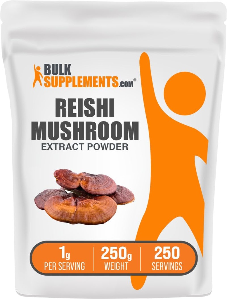 BulkSuplements.com Reishi Mushroom Extract powder - Reishi Mushroom Powder, Suplemen Overall Well-Being - Bebas Gluten, 1g per Serving, 250g (8.8 oz) (Paket 1)