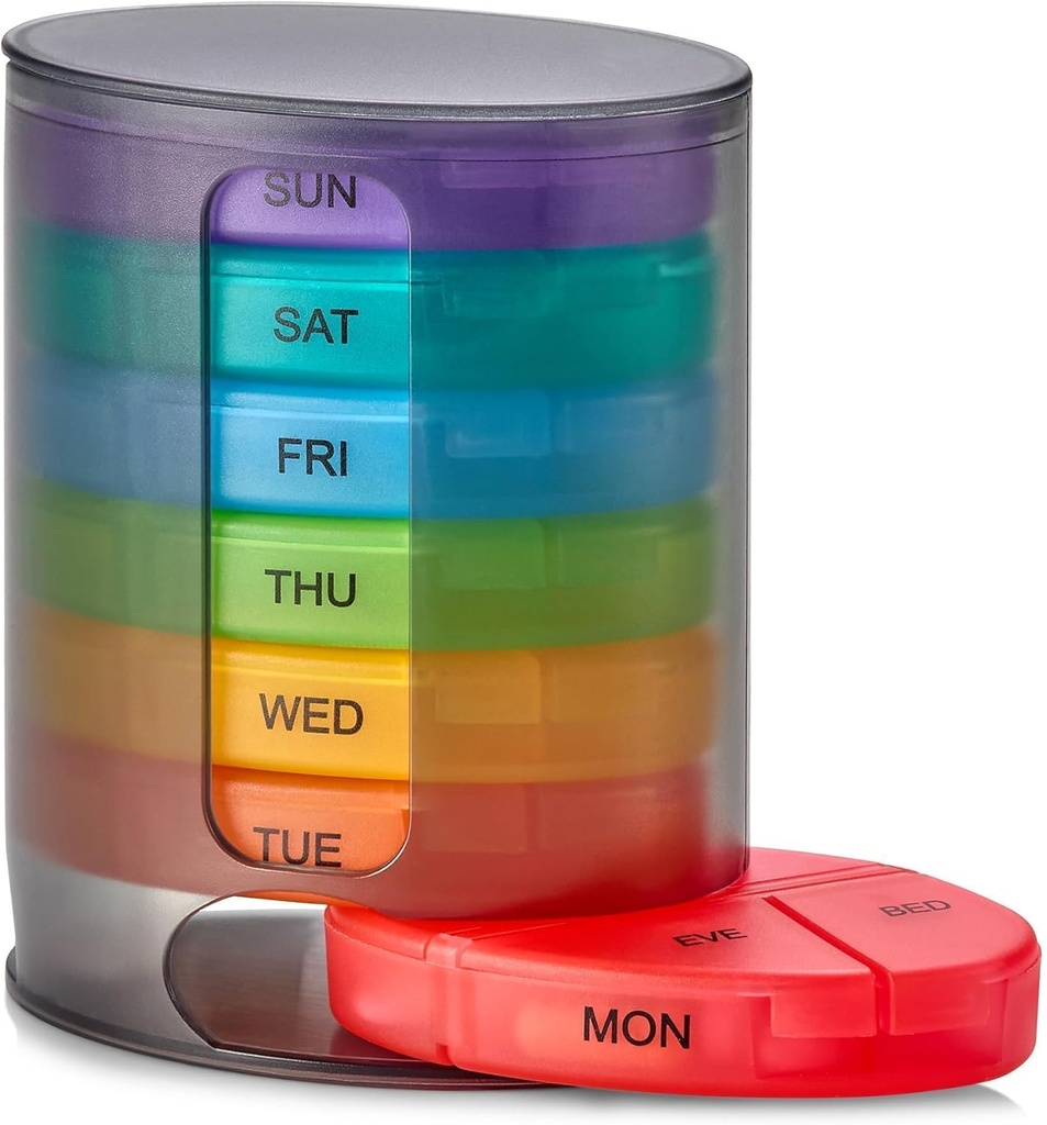 MEDca Weekly Pill Organizer, 1 Dispenser, 7 Stackable Multiply Comment Four Times- a- Day - Pagi, Noon, Evening, dan Bedtime, Black