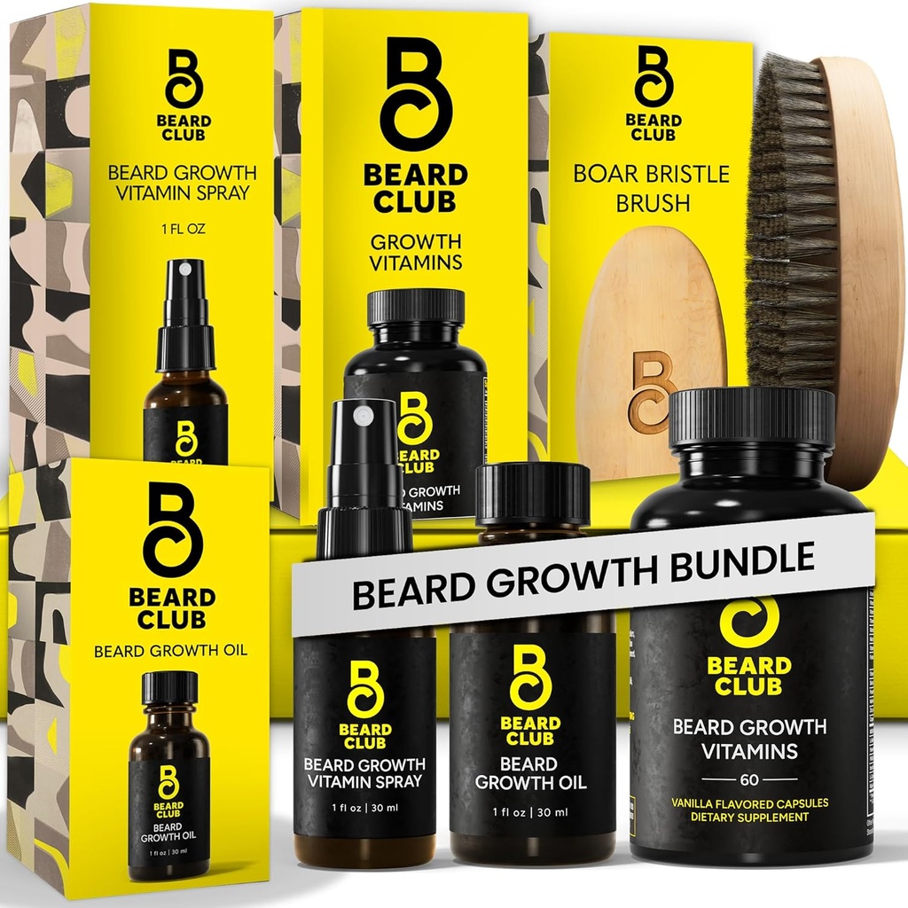 Klub Jenggot Premium Beard Kit - Pertumbuhan Minyak, Vitamin, Spray & Boar Bristle Brush - Gift Set