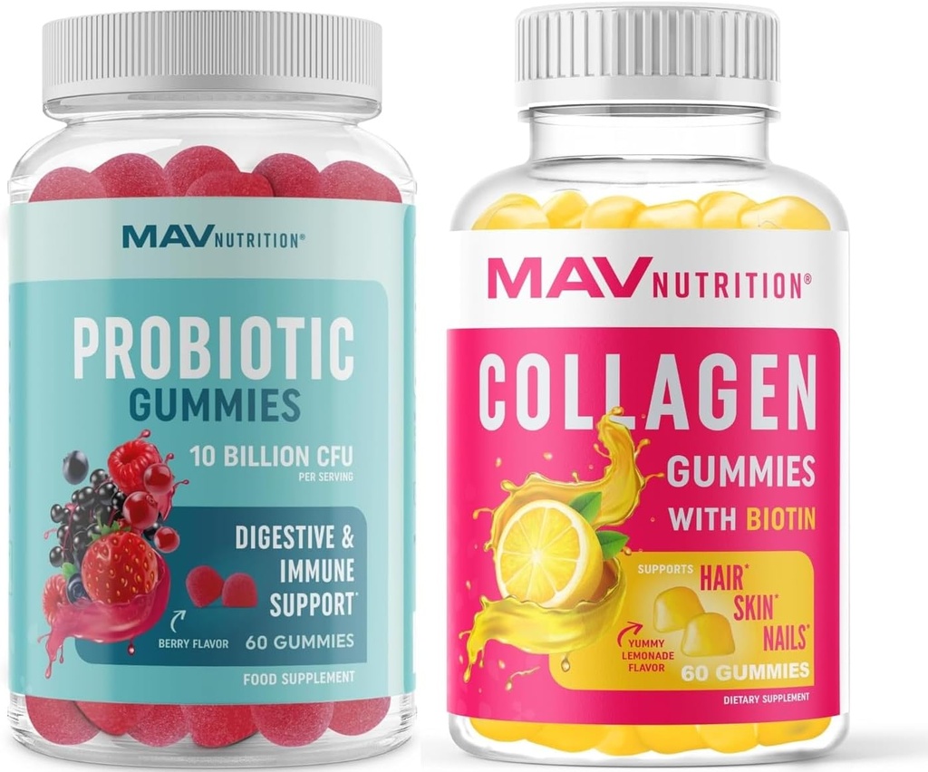 MAV NutTRITION Collagen Gummies for Women and Probiotic Gummies: Rambut, Skin, Nails, dan Dukungan Kesehatan Gut dengan Biotin, Vitamin C, dan 5 Milyar CFU 124; 60 Gummies