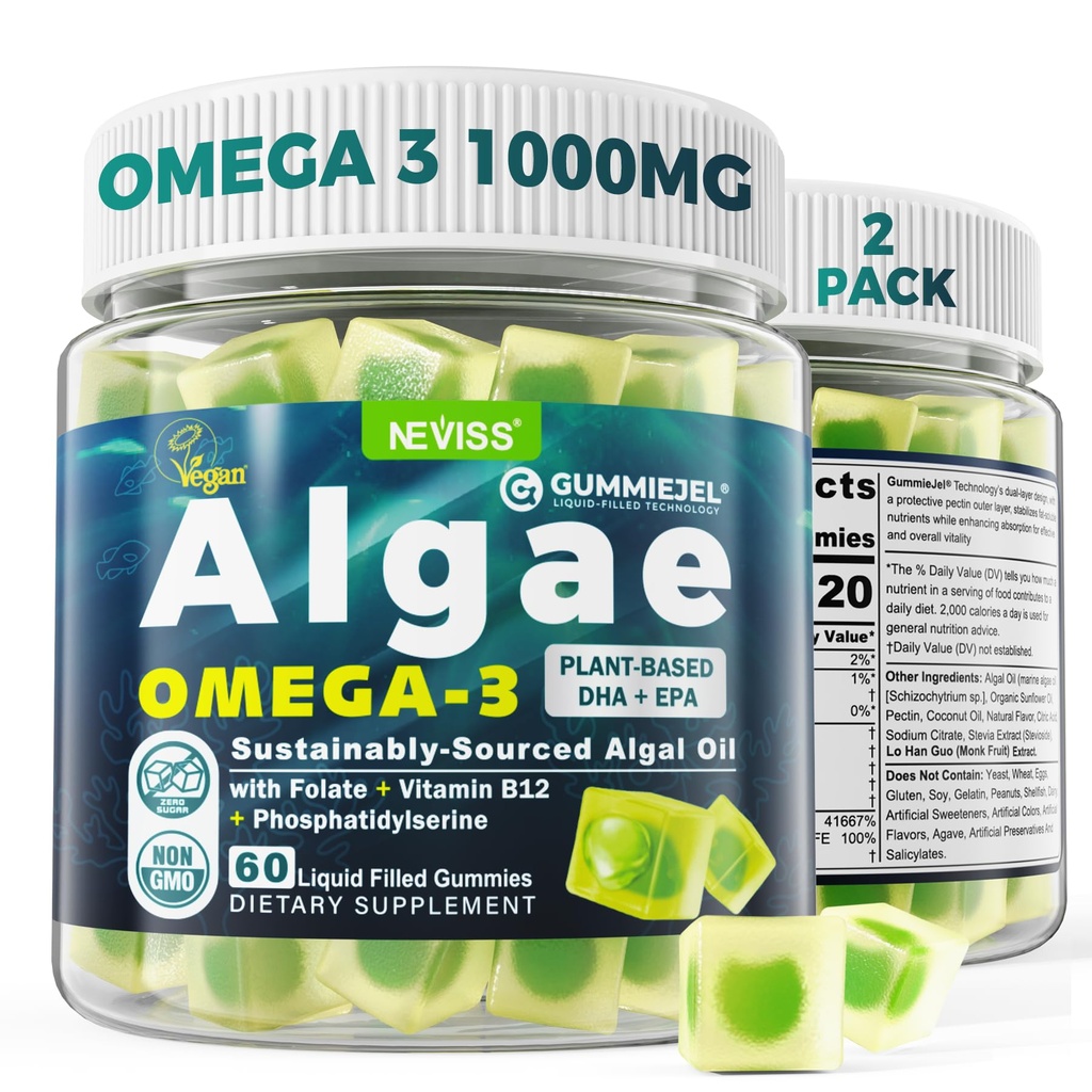2 Pack Algae Omega 3 Gummies 1000mg, Plant Based DHA 460mg & EPA 230mg, Omega 3 Oil Alternatif untuk Dewasa, Plus MethylFolate, Vitamin B12, Phoshatidyserine, No Fishy Tasy, Vegan Free