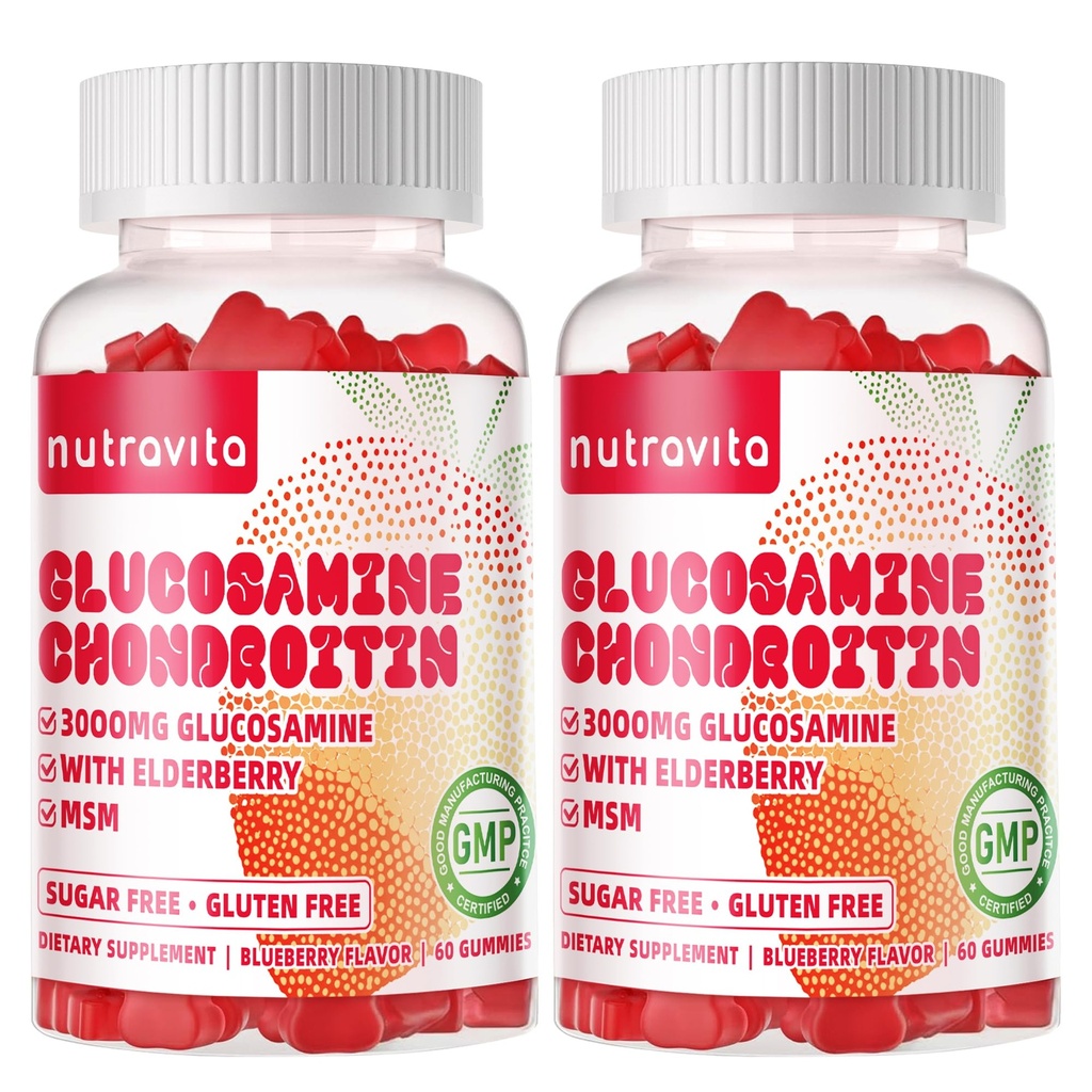 Nutravita Glucosamin Chondroitin Gummies dengan MSM & Elderberry Extra Strength - Dukungan Bersama, antioksidant Immune Supplemen untuk Dewasa, Pria & Perempuan. 120 Strawberry Chews