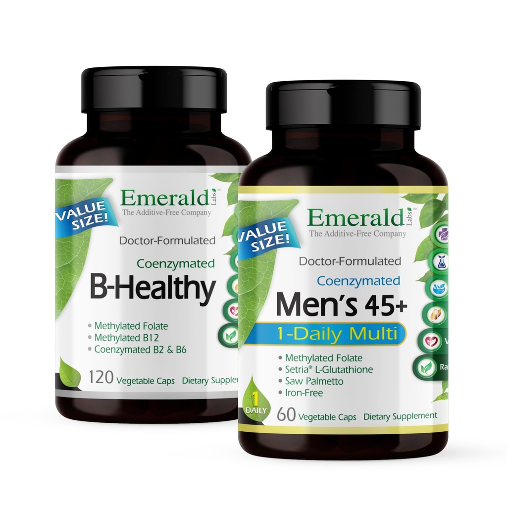EMERALD LABS Bundle with B Heally (120 Veg Caps) & Men 's 45 + 1 Daily Multi (60 Veg Caps) - Vegan Vitamin B Complex dengan Spectrum B Vitamin - Men' s Multivitamin dengan CoQ10, Lycopene & More