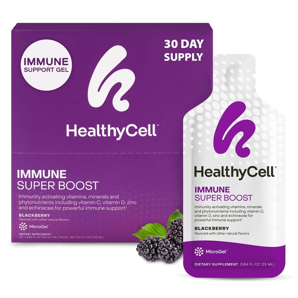 Healycell Immune Super Boost Daily Liquid Supplement - Imune Supplement Support Ammune untuk Orang dewasa dengan Echinacea, Elderberry, Vitamin C, Vitamin D, Calcium & Zinc - 30 Gel Packs