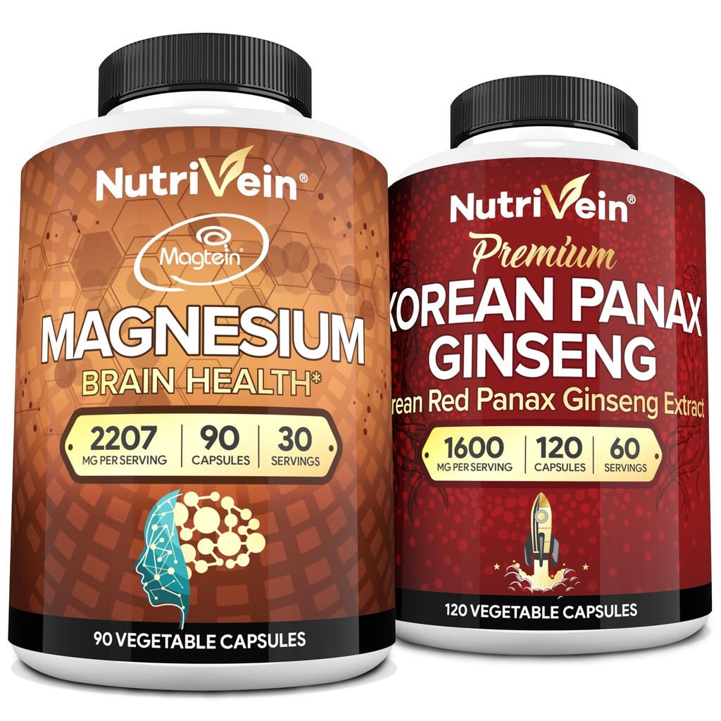 Nutrivein Premium Magnesium L- Threonate & Panax Ginseng Suplemen Bundle: High- Absorgetic Magnesium Thronate dan Red Ginseng Supplemen Pair for Brain, Mood, & Vitalitas