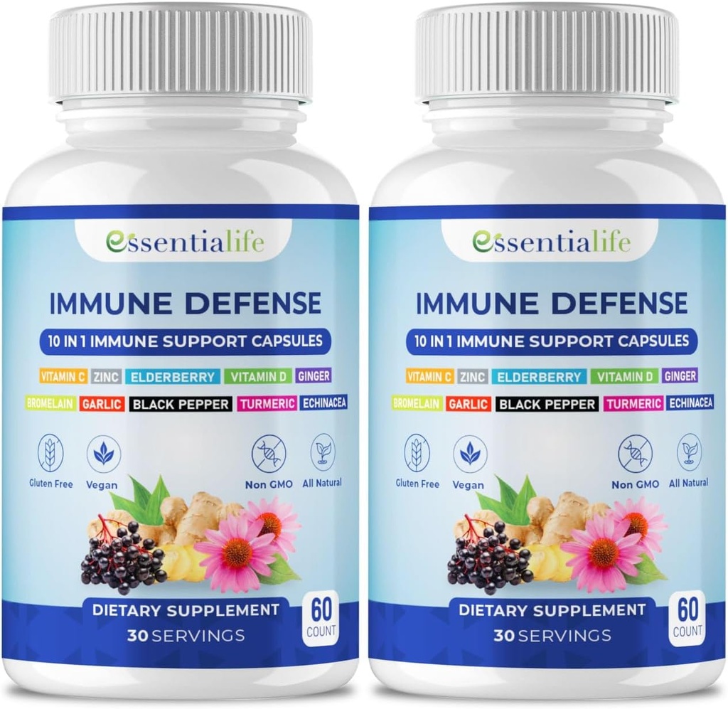 Suplemen Dukungan Imune - 2 Paket 10 dalam 1 Elderberry, Echinacea, Vitamin D, Vitamin C 100mg & Zinc Tambahan - dengan Imune Booster untuk Dewasa - 120 Vitamin Kapsul