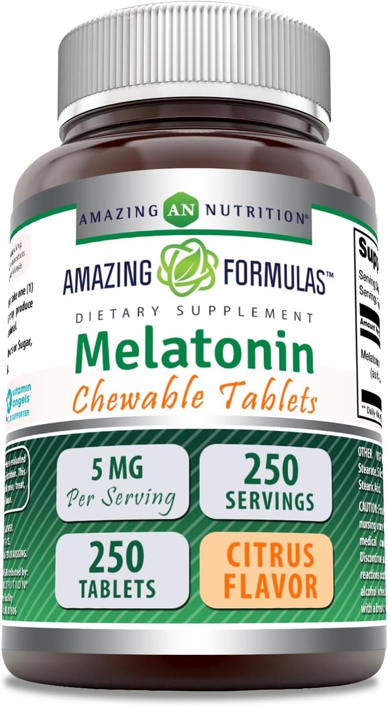 Amazing Formula Melonatin Chewable Supplement: 124; 5 Mg Per Serving 124; 250 Tablet 14; Non-GMO 124; Gluten- Free 124; Dibuat di USA (Citrus Flavor)