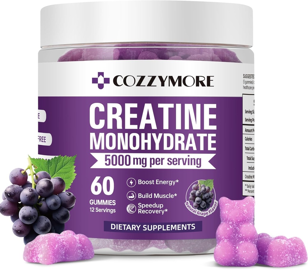 Creatine Monohydrate Guohidratada Gumne for Men & Women, Gomitas de Creatina Creatine Monohydratada, Creatina Monohidratada Gucle Builder, Energy Boost, Pre- Workout Suplemen, 60 Count, Grape