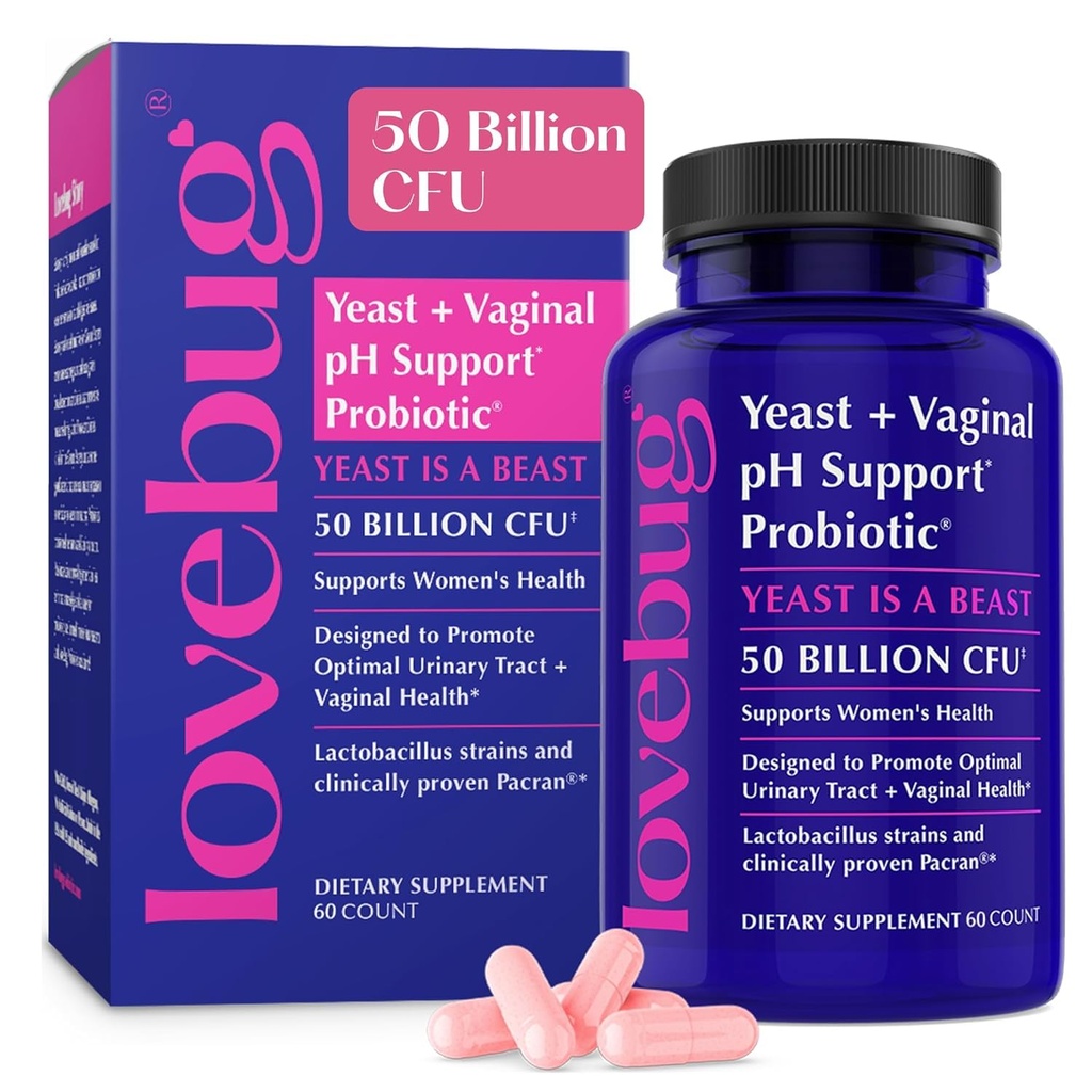 Lovebug Yeast dan Vaginal Progeds for Women pH balance & Urinary Tract, 50 Milyar CFU, UTI, BV, Odor Dukung dengan Lacnaciillus, Bifidobacterium, Digetial & Vaginal Health Suplemen 60