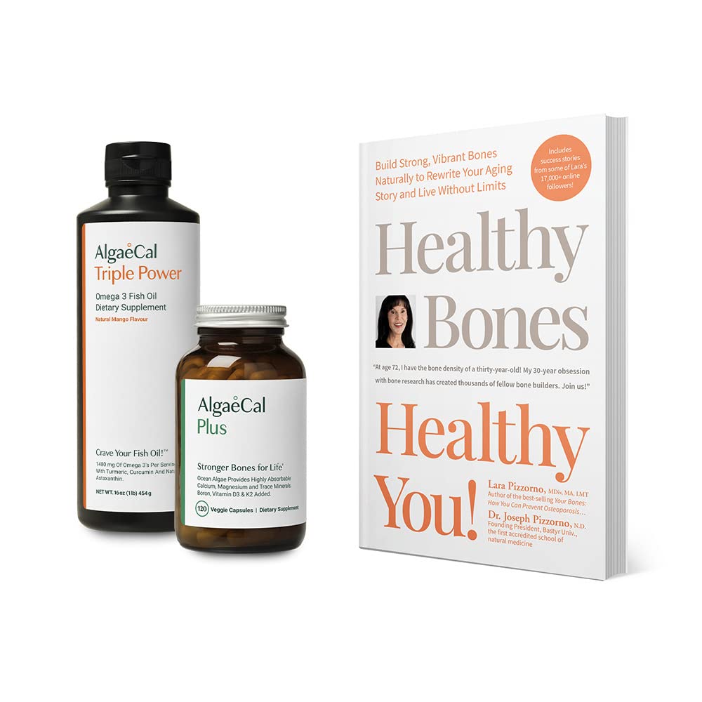 ALGAECAL Bundle - Kalsium Suplemen dengan Vitamin D + K2, Mag, Boron & Omega 3 Minyak Ikan dengan EPA & DHA dan Buku oleh Lara Pizzorno Healthy Bones