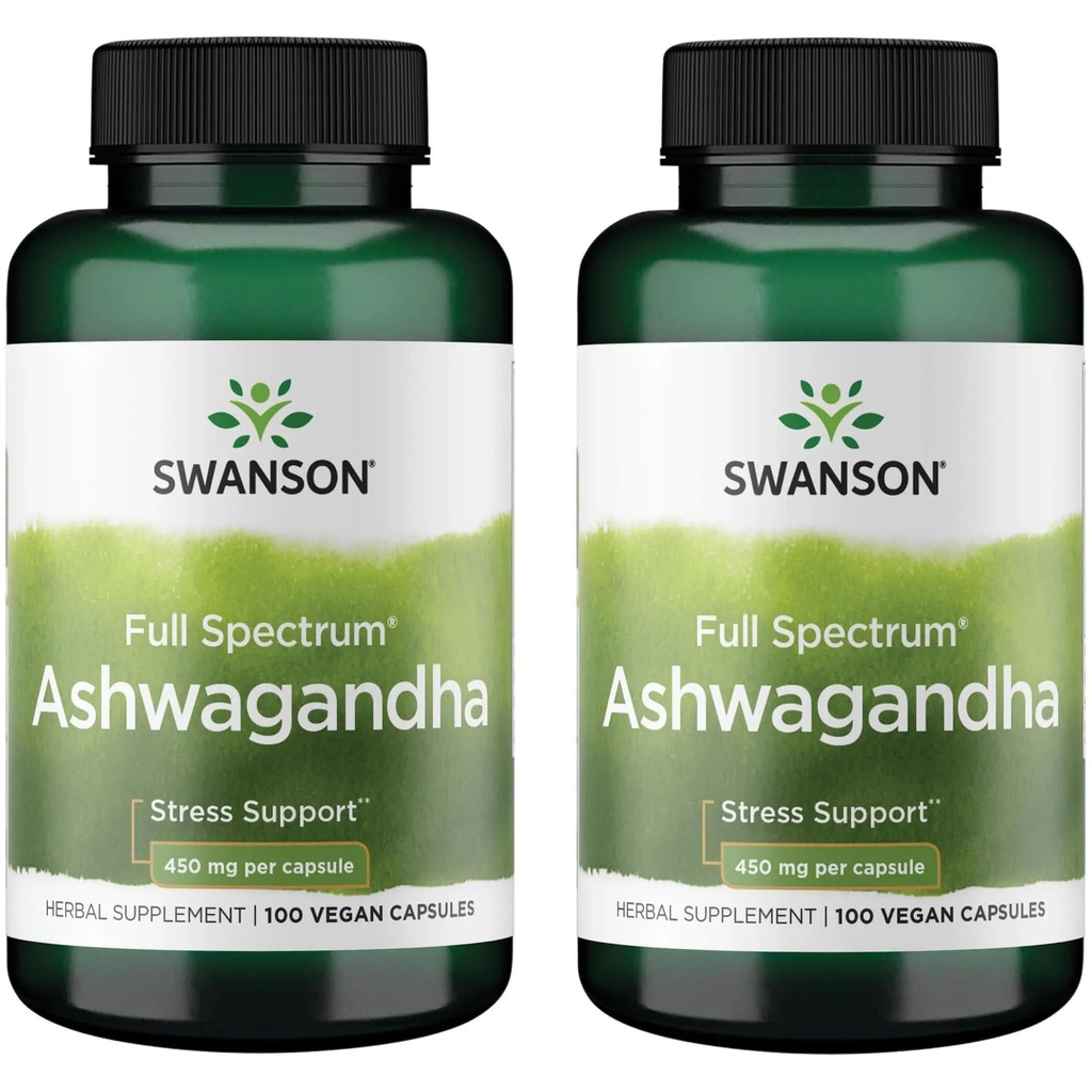 Swanson Ashwagandha Powder Suplemen - dengan Akar Ashwagandha ke Proless Stress Relief & Energy - Ayurvedic Sumur Alam (100 Kasules, 450mg Masing-masing) 2 Pack