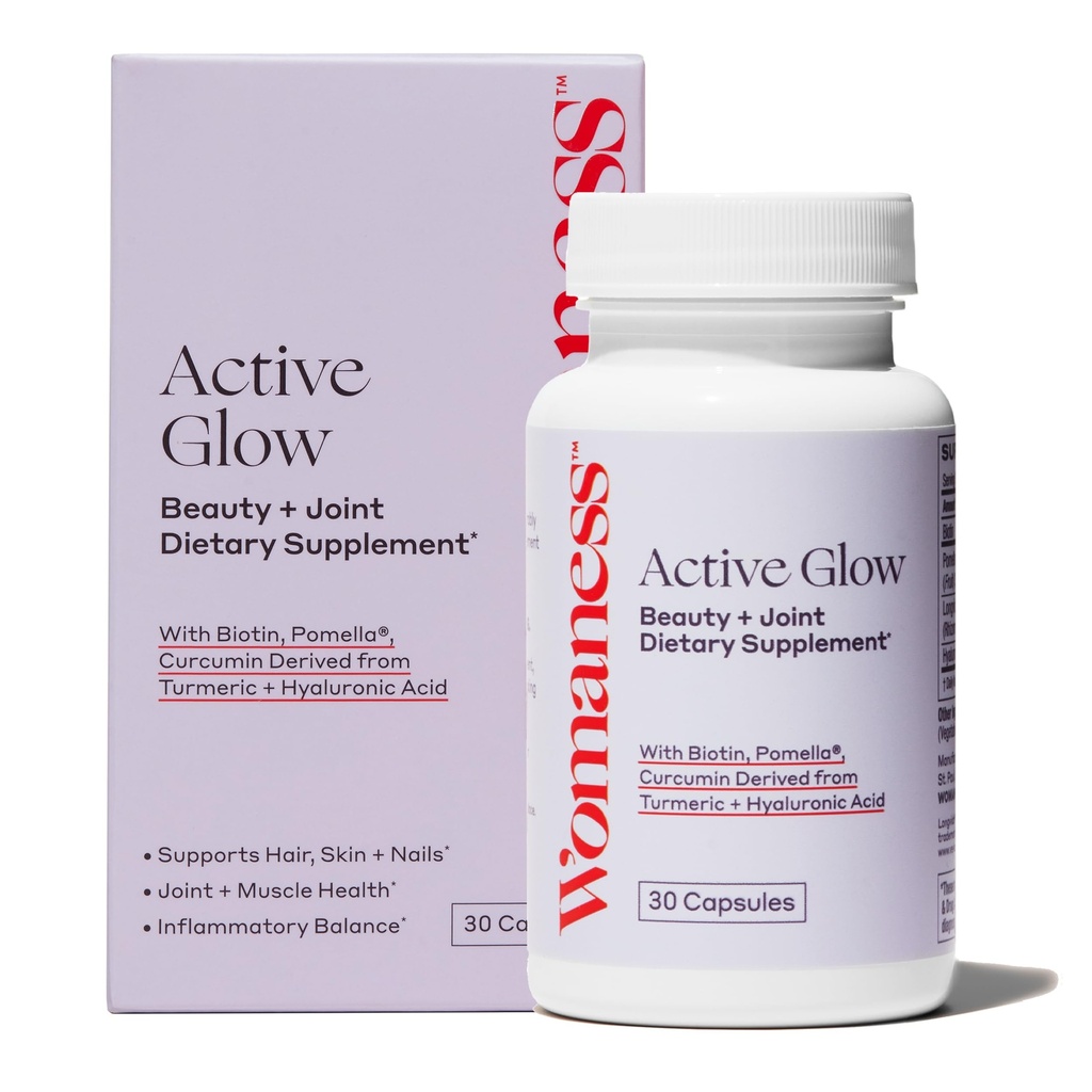 Womaness Active Glow Hakin and Nails Vitamin - Biotin, Longvida Curcumin & Hyaluronic Acids for Joint Health, Dry Skin & Thinning Hair (30 Capsules)