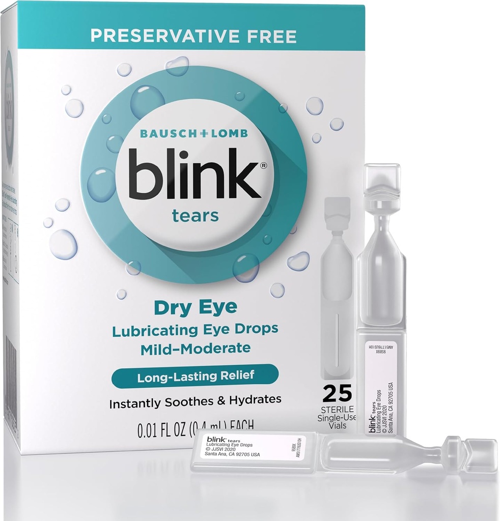 Berkedip air mata Lubricating Eye Drops Preservative, Moisturizing & Soothing for Mild to Moderate Dry Eye, with Hayaluronate, Reduces Discomfort, Long- Lasting Hydration, 0.01 Single- Gunakan Vials, 25 Count