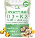 Vitamin D3 K2 Supplement,Vitamin D3 10,000 IU + K2 MK-7 200 mcg Virgin Coconut Oil Softgels,Immune,Teeth & Bone Health Extra Strength,Non-GMO, Gluten Free-Easy to Swallow-300 Softgels