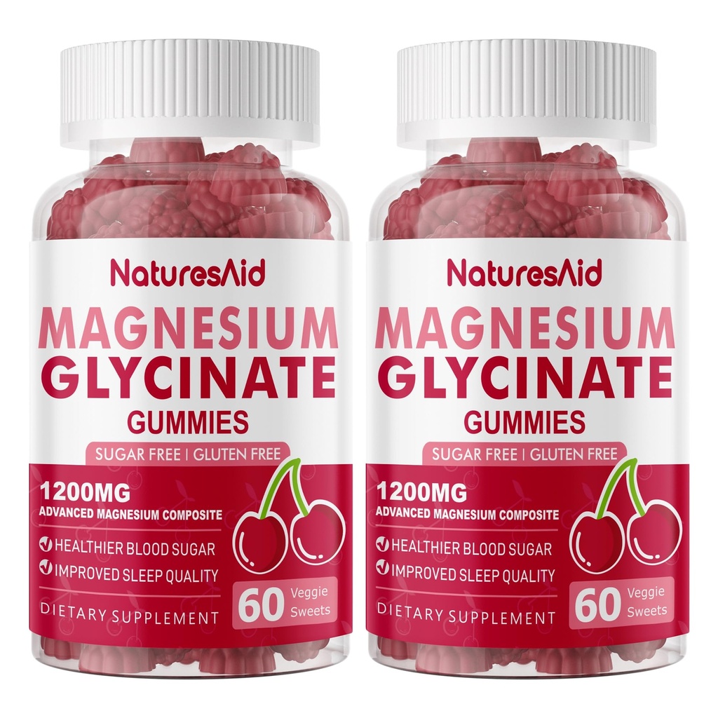 Magnesium Glycinate Gummies 1000mg - Sugar Free Magnesium Potasium Suplemen dengan Vitamin D, B6, CoQ10 untuk Calm Mood & Sleep Dukungan - 120 Cherry Gummies -2 Pack.