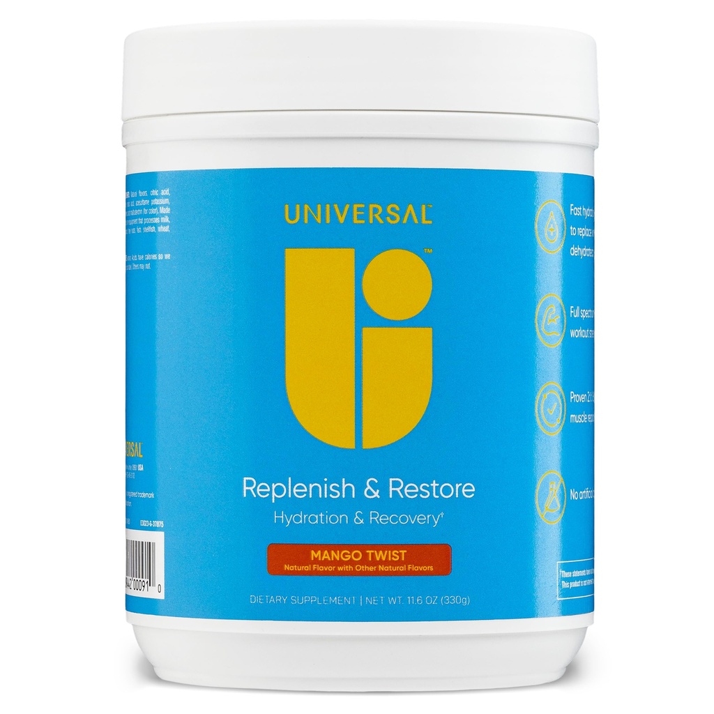 Universal U Replement & Restore Powder, Hidration & Recovery, Promotes Muscle Repair and Growth, Custom Dosing, L-Lysine, L- Glutamine, L- Tryptophan, Tidak ada Flavors Articial, 30 Servors (Mangga Twist)
