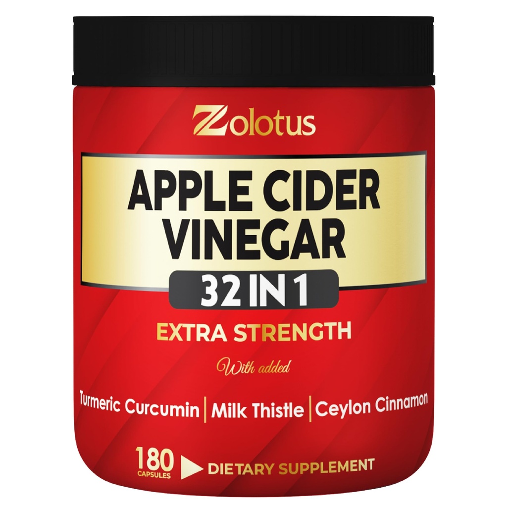 Zolotus 32in1 Apple Cider Vinegar Capsules dengan Turmeric, Cinnamon, Milk Thistle, Elderberry, Quercetin & More for Supports Dibuble, Ammune - 180 Capsules