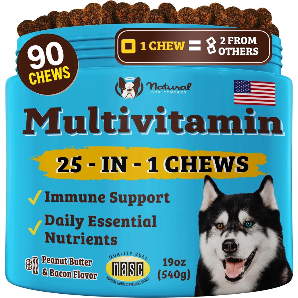 Natural Dog Company 25- in- 1 Multivitamin Chews for Dogs - Daily Soft Dog Vitamin with Antioksidants, Zinc & Folic Acid - Support Joints, Skin & Coat, Immune & Heart Health - All Ages, All Breeds