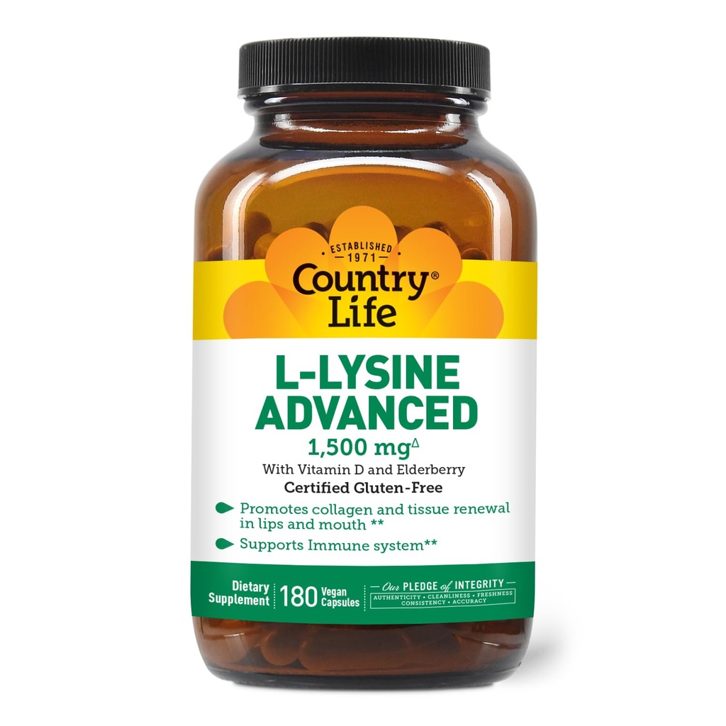 Country Life L-Lysine 1500mg Capsules with Vitamin D & Elderberry - Advanced Ammune Dukung dan Collagen Renewal - Certified Gluten- Free & Vegan - 180 Capsules