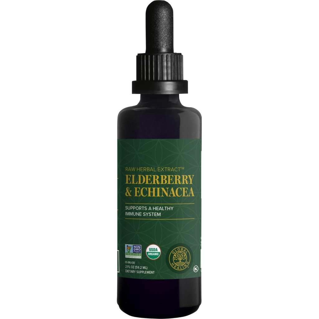 Global Healing USDA Organic Elderberry & Echinacea Liquid Suplement Taincture 124; Antioxidant Ammune Support Against (2 Oz)