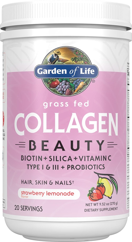 Garden of Life Grass Fed Collagen Beauty - Strawberry Lemonade, 20 hamba, bubuk untuk Wanita Pria Skin Nails, Collagen Peptides Protein Suplemen