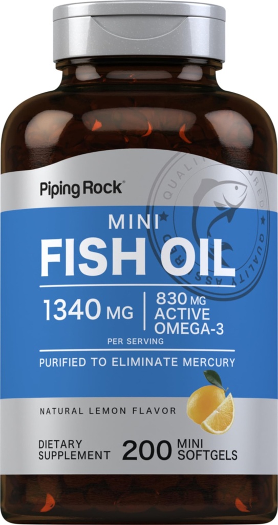 Piping Rock Mini Fish Oil 1340mg 124; 200 Softgels 14; Omega-3 Suplemen Pria & Women 124; Lemon Flavor 124; Non-GMO dan Gluten Bebas