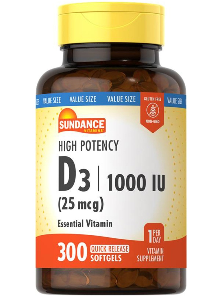 Sundance Vitamin D3 1000 IU 124; 300 Softgeels 124; Potency Tinggi 124; EstivenVitamin Formula Formula 124; Non- GMO dan Gluten Free Suplemen