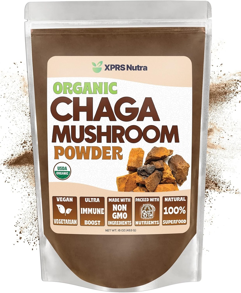 XPRS Nutra Organic Chaga Mushroom Powder - Premium USDA Organic Chaga Mushroom Popper - Chaga Powder Support Imune Health - Vegan Friendly Superfood for Chaga Tea and Beverage (16 oz)