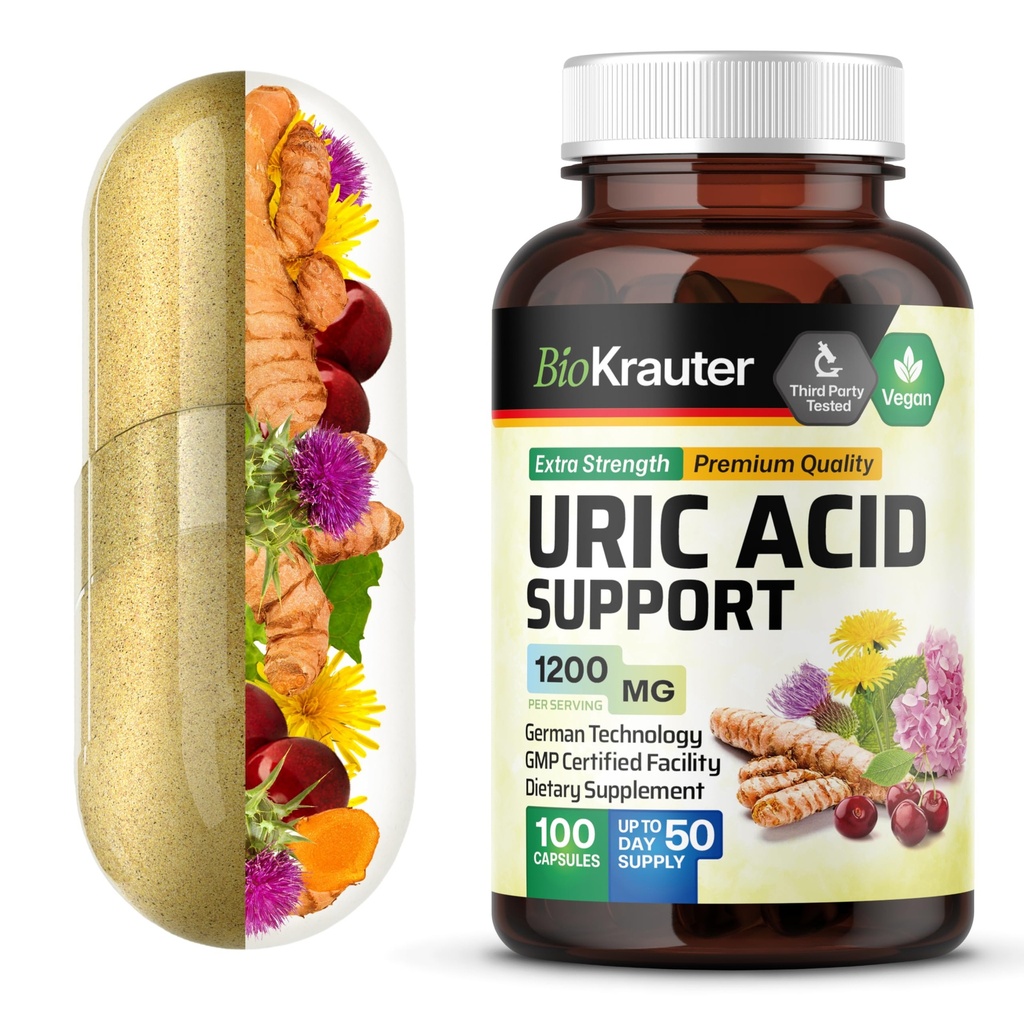 BIO KRAUTER Uric Acid Dukung Kasules 1200 mg Blend - 100 Count - Ginjal Suplemen w / Tart Cherry 10: 1 Ekstrak - Milk Thistle & Turmeric Extract - Vegan