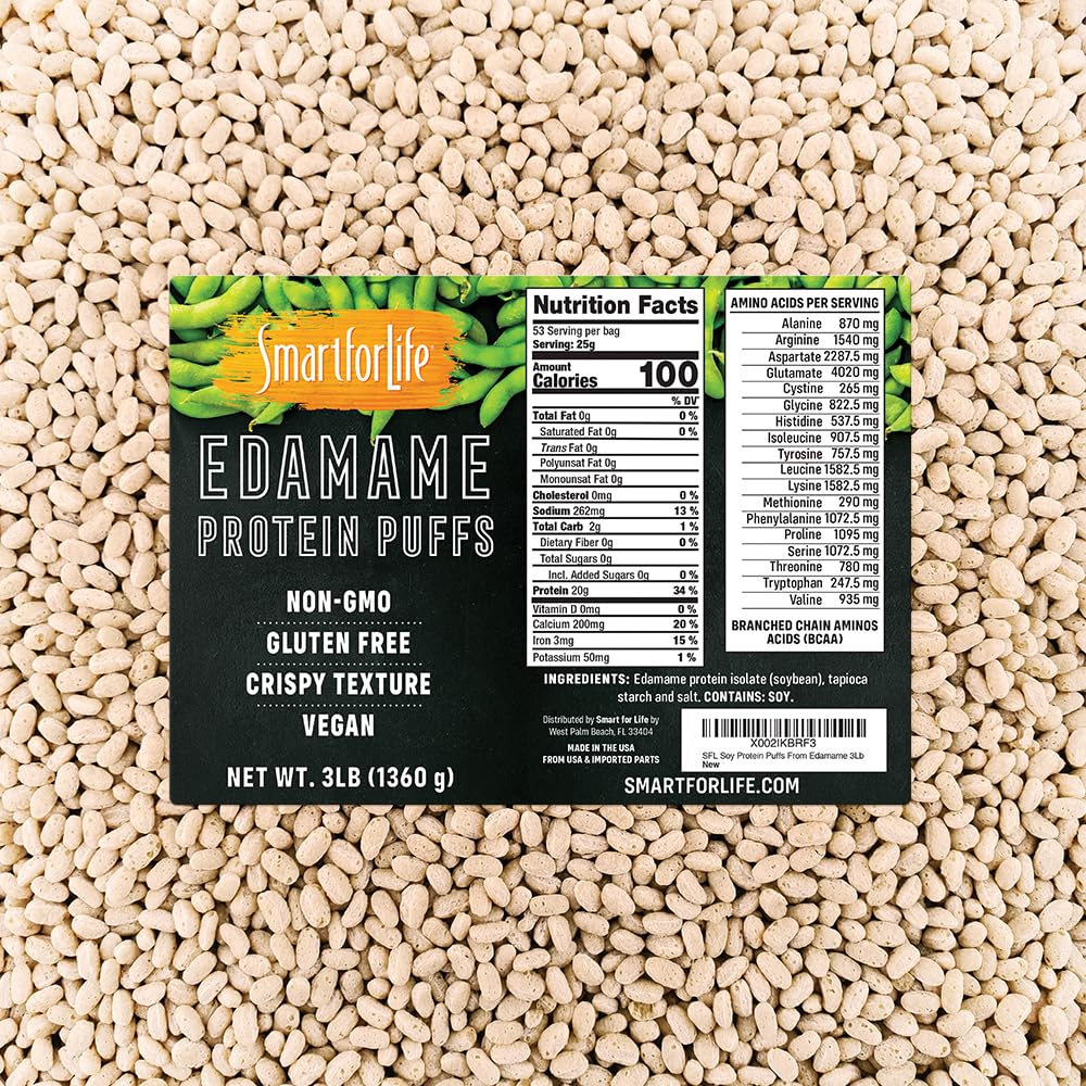Smart for Life Soy Protein Puffs from Edamame - High Protein Zero Sugar Soy Protein Isolate Puffs - 20 Grams Protein Snack - Non-GMO, Gluten- Free - 3 Pound Box - 53 Pund - Soy Puffs...