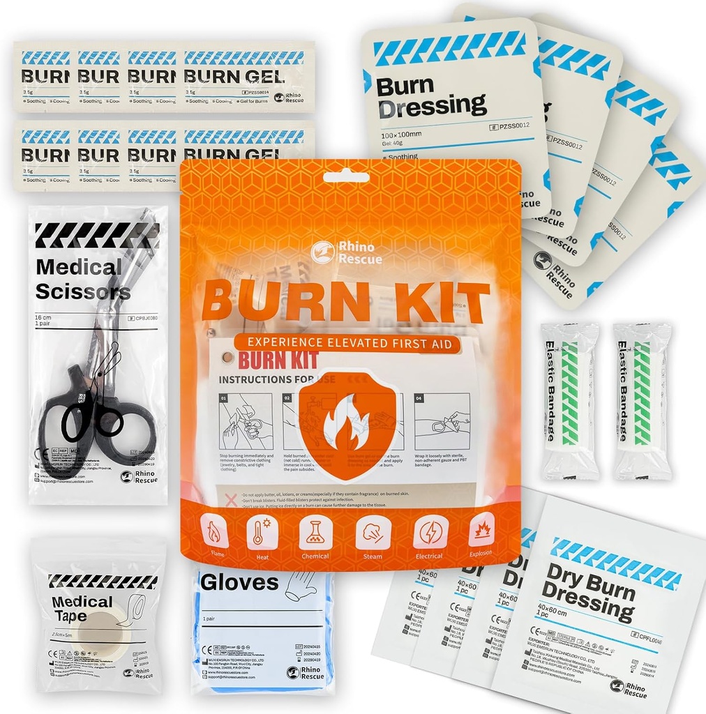 RHINO RESCUE Burn Kit, 4pcs Burn Dressings 4x4, "8pcs Burn Gel 5g, 4pcs Burn Pads, Pertment Kit Cooling Cream Relief dengan Bandage, Nitrile Gloves, Gunt, Tape, HSA / FSA Eligly