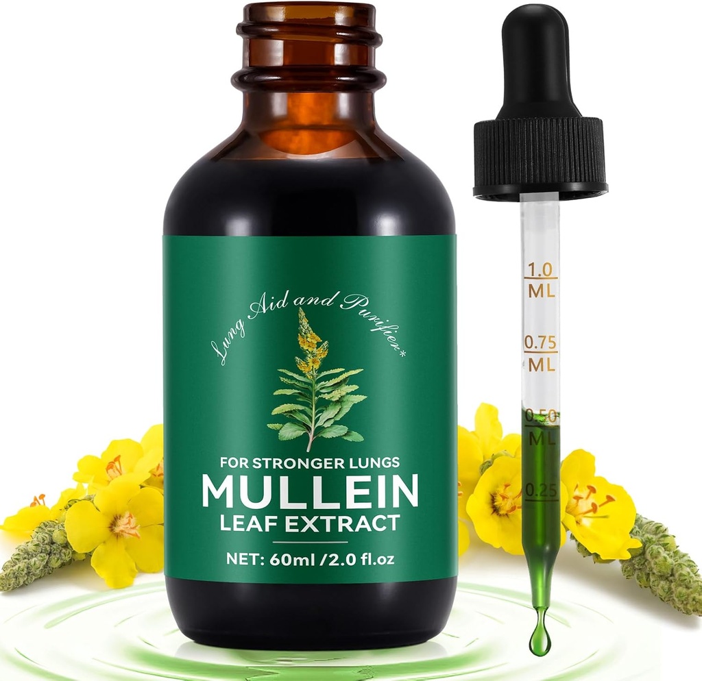 Mulein Drops for Lungs 2 Fl Oz, Natural Mullein Leaf Drops, Fast Absorpsi Liqution Mullein Extract Suplemen, Lung Cleanse, 1 Bulan Suppply