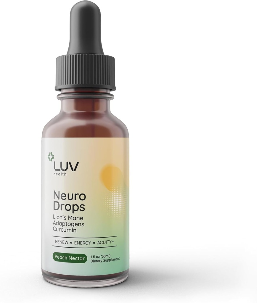 Kesehatan LUV Neuro Drops - Nerve Pain Dukungan & Gabungan dengan Mane Singa, Curcumin, Cordyceps & Reishi - Adaptogens Organik - Vegan, Non- GMO, dibuat di USA - 30 Servis