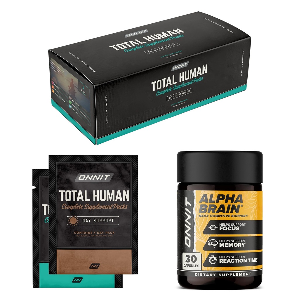 ONNIT Premium Alpha Brain Bundle - Nootropic Brain Supplement (30 Count) for Focus, Concentration & Memory + Total Human Day and Night Vitamin Pack for Men and Women (30- Day Suppply)
