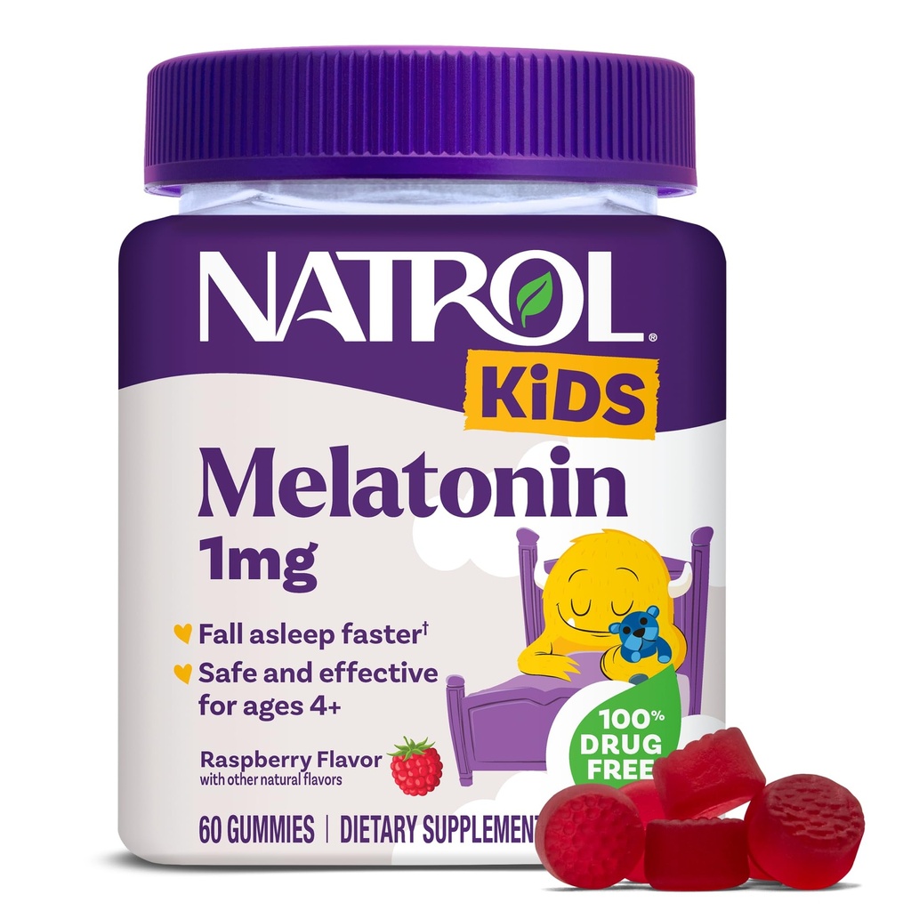 Natrol Kids Melonatoin Gummies 1mg, Children 's Melonatin for Restful Sleep, 60 Raspberry- Flavored Sleep Gummies, 60 Day Supply