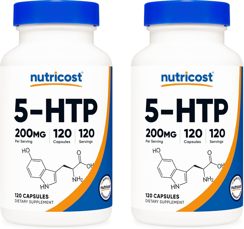 Nutricost 5- HTP 200mg, 120 Vegetarian Capsules (5- Hydroxyptophan) - Non-GMO & Gluten Free (2 Botol)