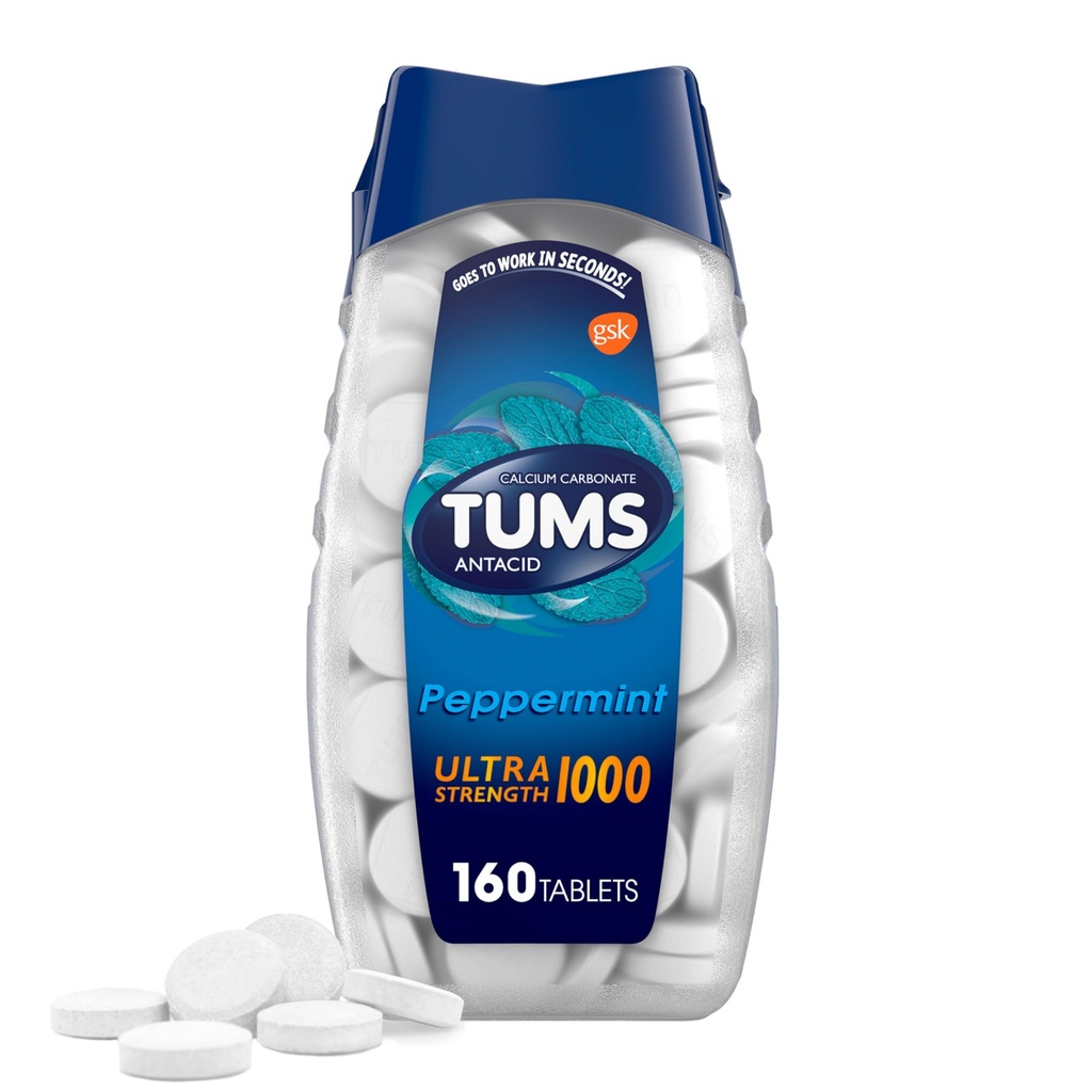 TUMS Ultra Energy Chewable Antax Tablet for Heartburn Relief, Peppermint - 160 Count