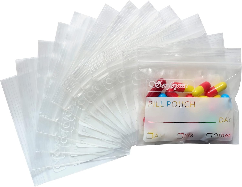 Serfeymi Pill Bags untuk Travel Pill Pouch Organizer Pack 120 BPA Free 3 x 2.75 inch Reconable Pill Pouches for Medicine dengan Menulis di Label & Zipper Seal Waterproof AM PM Pill Bags untuk Suplemen
