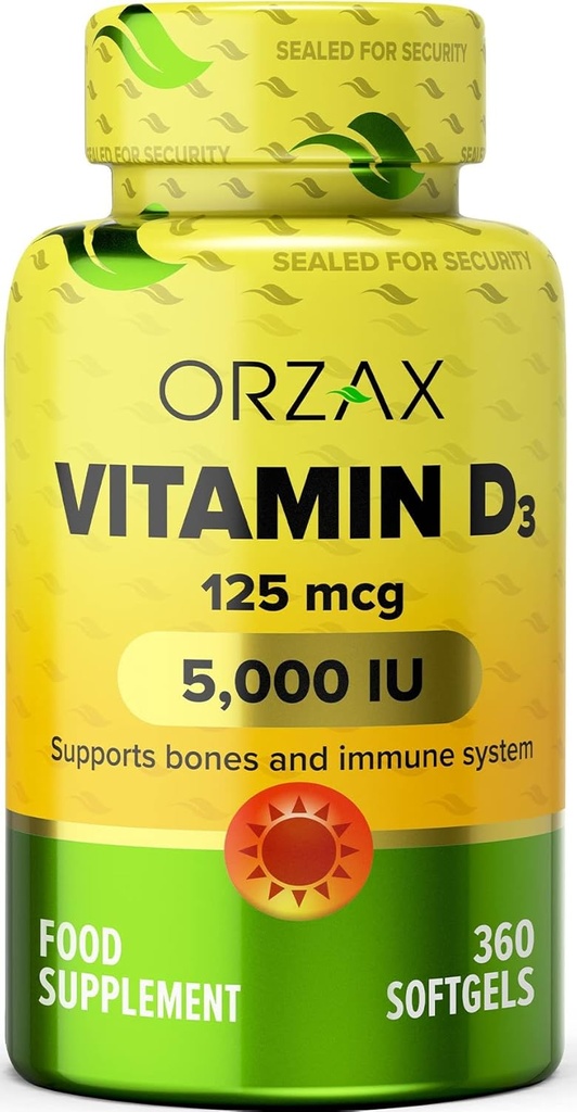 ORZAX Vitamin D3 5000 iu (125 mcg) - Non- GMO, Gluten Free, Sugar Free, Dairy Free - 1 Year Suppply for Strong Muscle Fungsi & Imune Supplemen - Mood Suplemen untuk Wellness (360 Softgel)