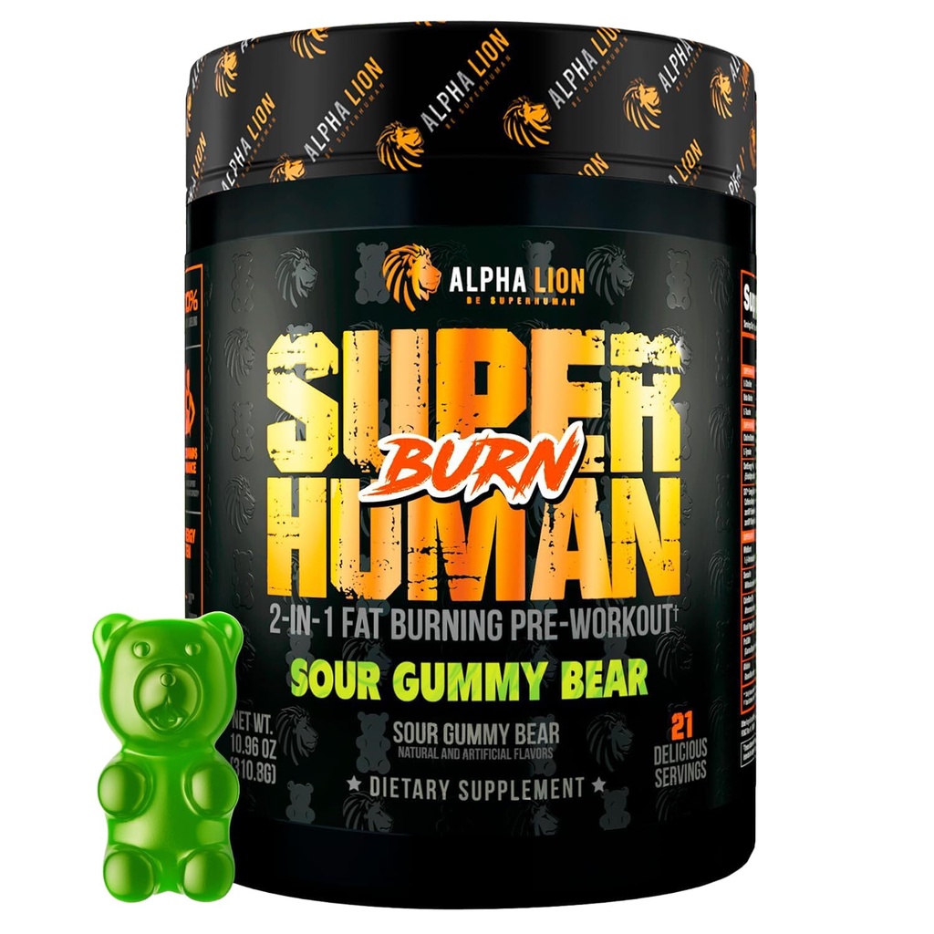 ALPHA LION Superhuman Burn- 2 dalam 1 Metabolism Booster Pre Workout dan Thermogenic Fat Burner for Men - Appetite Suppresant dan Weight Los Suppplemen (21 Pelayan, Sour Gummy Bear)