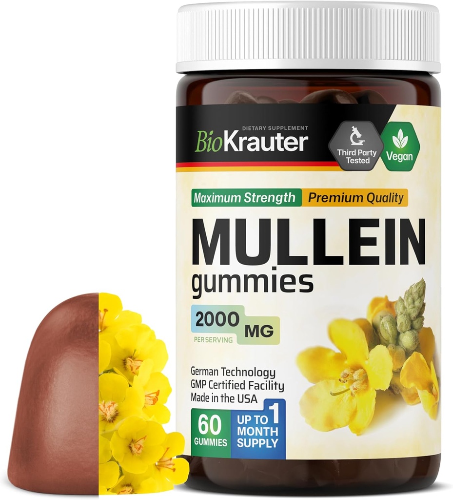 BIO KRAUTER Mullein Gummies for Lungs 2000 mg - 60 Chews - Lung Detox Suplement - Mullein Leaf Gummies - Vegan, Gantatine- Bebas
