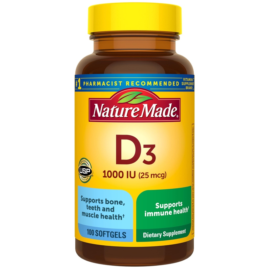 Nature Made Vitamin D3 1000 IU (25 mcg), Vitamin D Supplemen untuk Bone, Teeth, Muscle and Immune Health Suftgel, 100 Hari Suppply