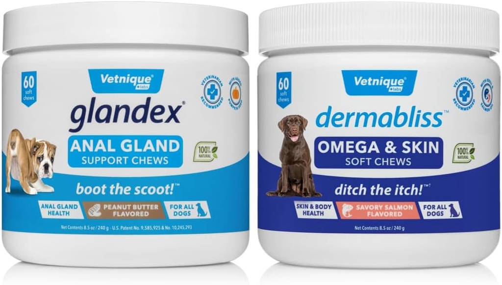 VETNIQUE Dermabliss Omega & Skin Supplement Chews for Dogs (60ct) & Glandex Anal Gland Dukung Peanut Butter Soft Chews for Dog (60ct) Bundle